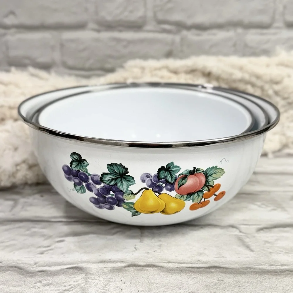 Vtg GMI Garden Harvest Fruit Enamelware Nesting Bowls Set Of 3 Country Farmhouse